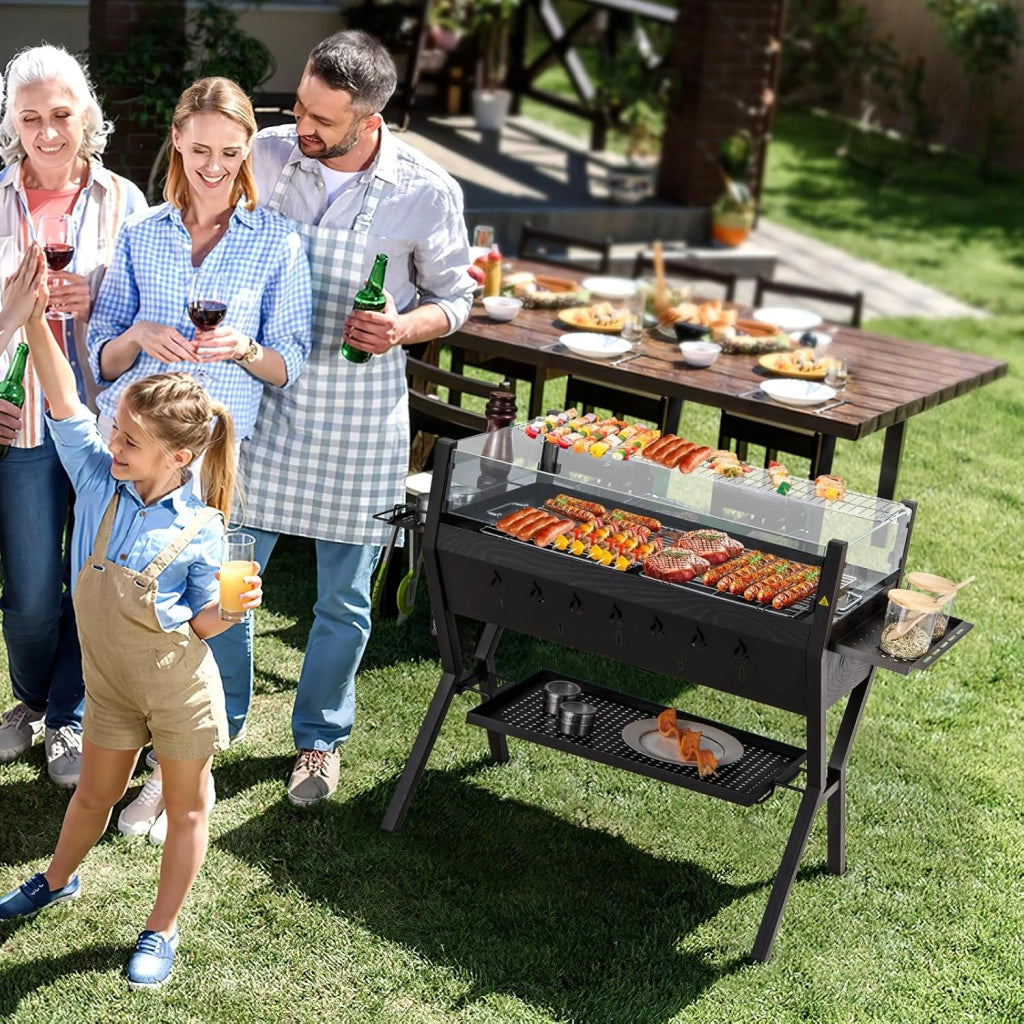 Barbecue a Carbonella, Griglia a Carbone Portatile con Protezione Antivento, Ripiani per Condimenti, Mensola Portaoggetti, per Cucinare, Campeggio e picnic