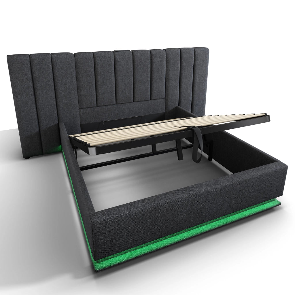 Letto matrimoniale imbottito in lino grigio 160x200 cm con contenitore e LED