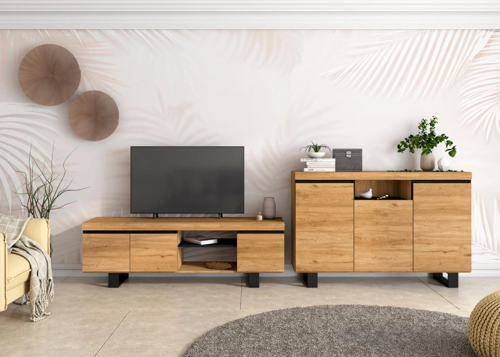 Naturale set sala da pranzo, Credenza-Mobile TV 160cm colore Rovere e nero RF992