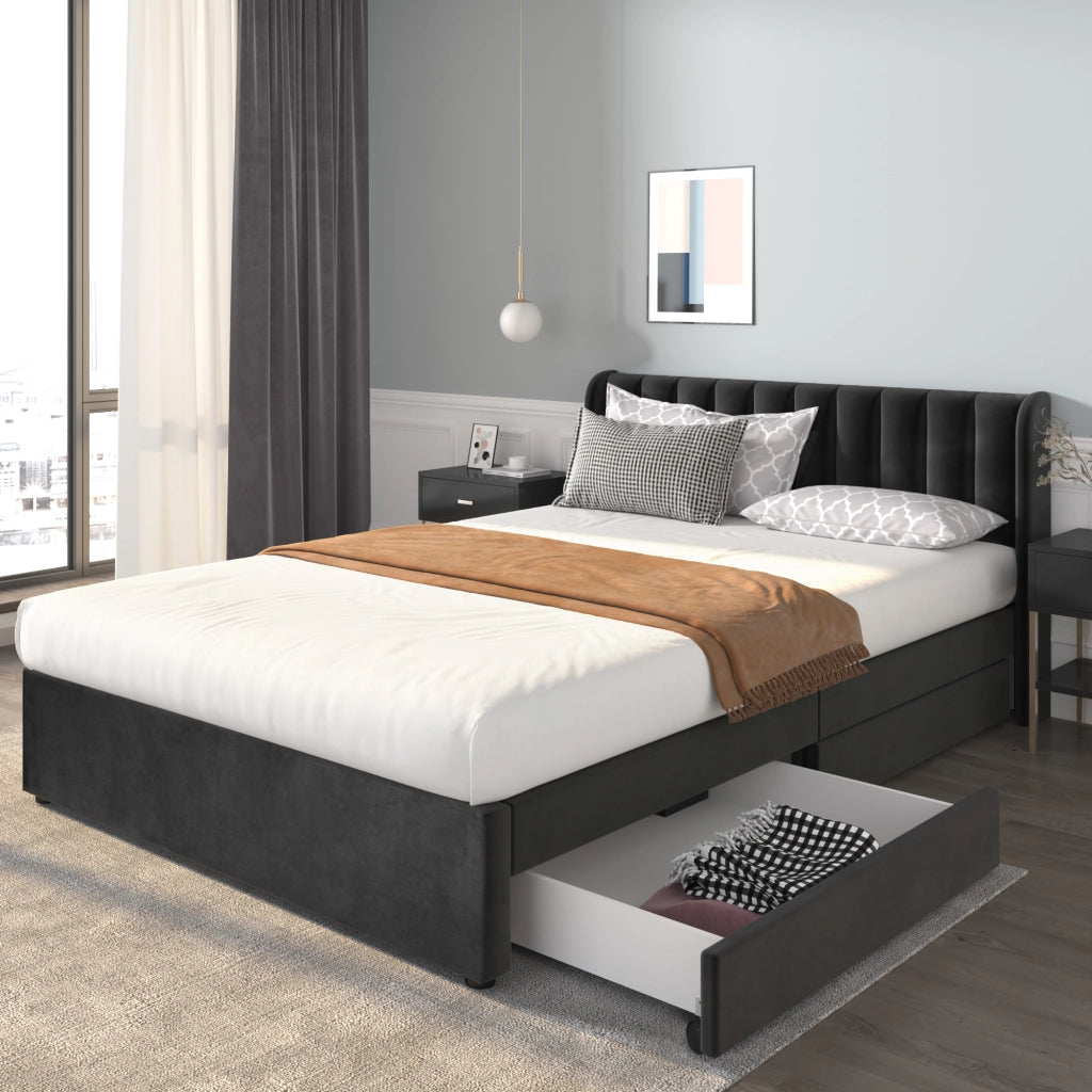 Letto con Cassetti 140x200 cm; Letto Matrimoniale - Testiera Alta e 2 Cassetti - Nero