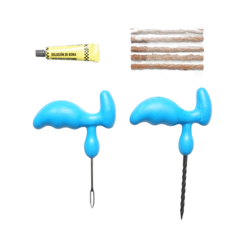 Kit professionale per la riparazione di pneumatici tubeless con vulcanizzazione a freddo, completo di cordoncini e adesivo.