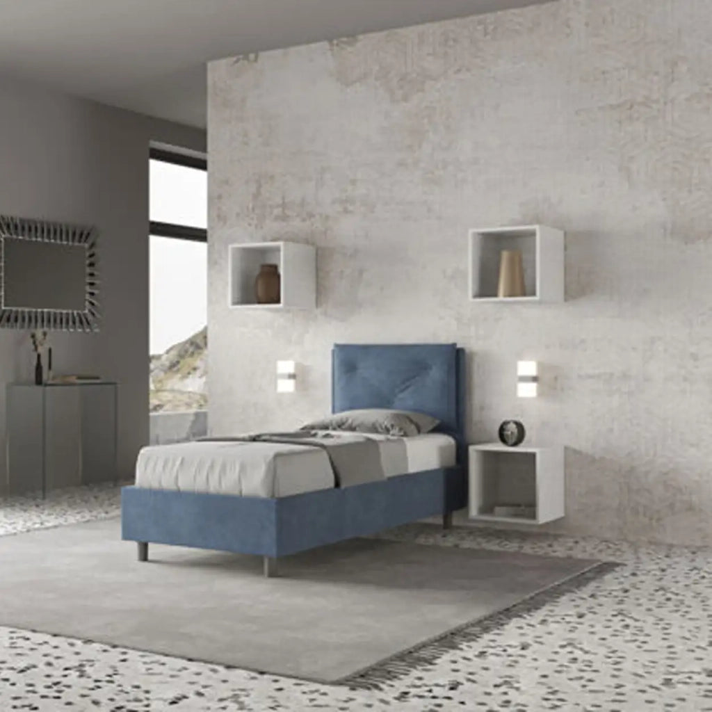 Letto singolo contenitore imbottito 80x210 microfibra blu Appia