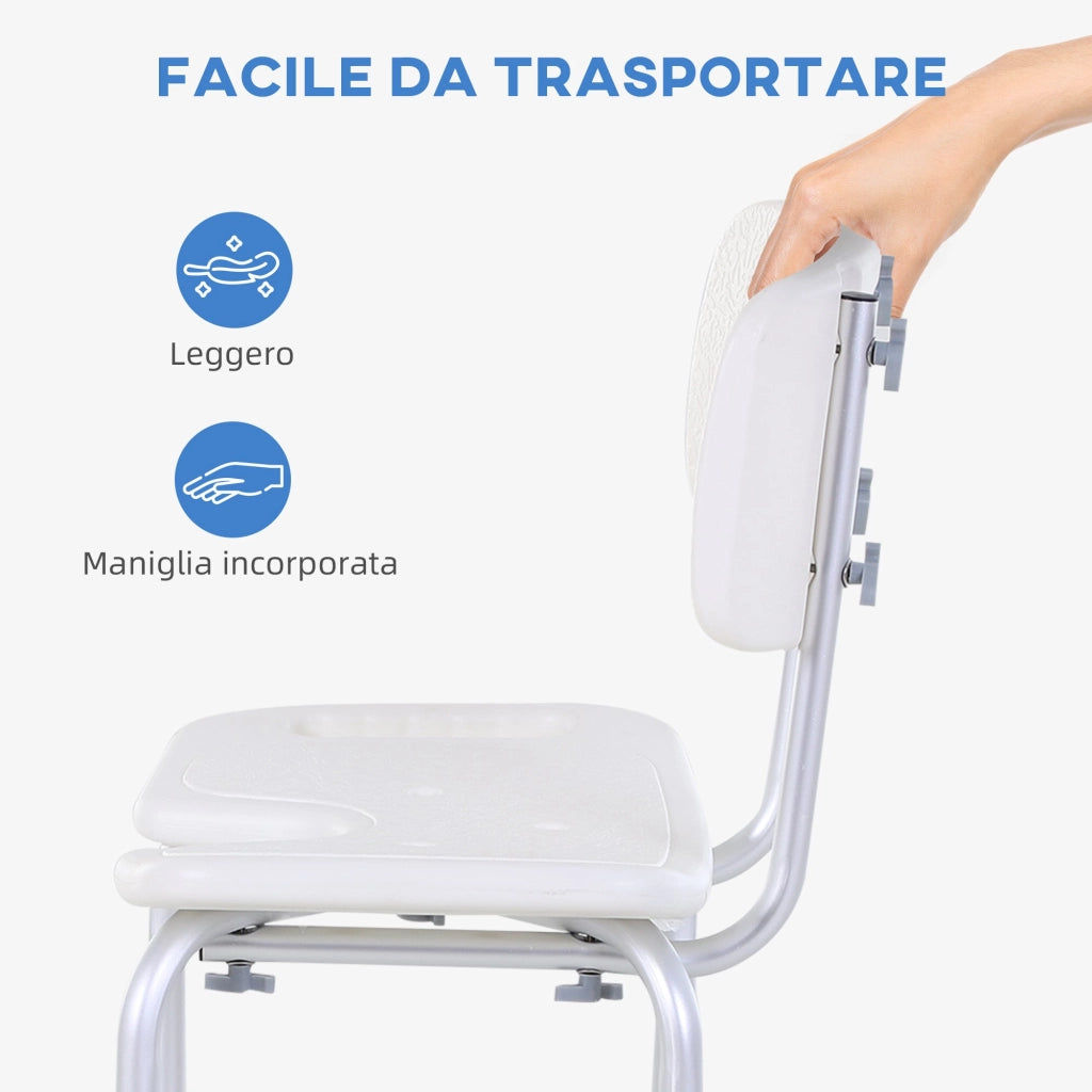 Sedia da Doccia Regolabile su 8 Livelli con Fori di Drenaggio in Alluminio e PE Bianco e Argento