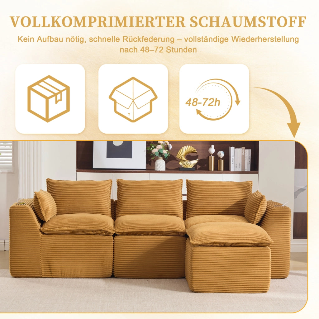 Divano modulare con pouf cuscini e tasche laterali in velluto a coste arancione 256 × 161 × 75 cm