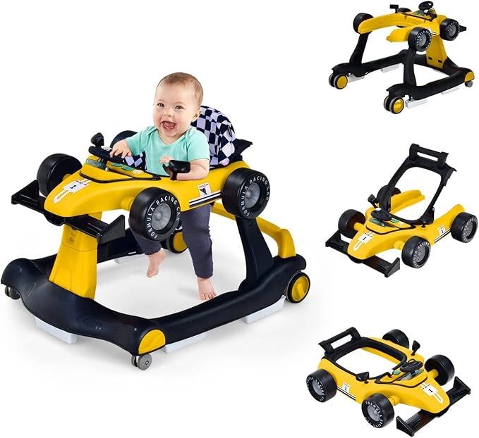Girello per Bambini 4 in 1, Altezza e Velocità Regolabili, Girello Pieghevole con Carillon Luci, Volante, Primi Passi per Bambini 6-18 Mesi, Portata 12 kg (Giallo)