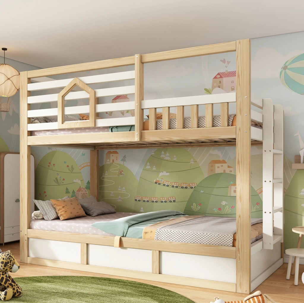 LETTO a castello 90x200 cm stile casetta bianco e rovere con scala dritta