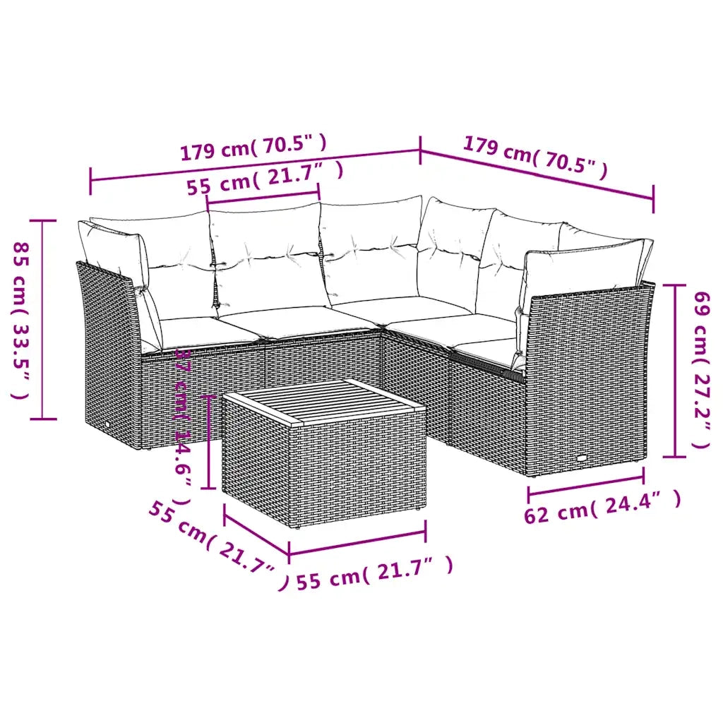 Set Divani da Giardino 6 pz con Cuscini Nero in Polyrattan 3255966
