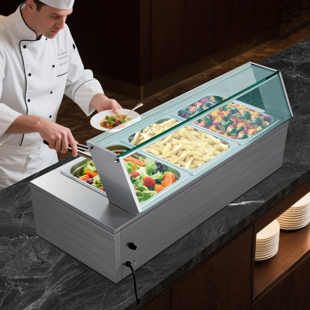 Scaldavivande elettrico a buffet M-2213 in acciaio inox, 3 contenitori 1/2, 1500 W, con coperchio in vetro, pratico e robusto per catering e feste