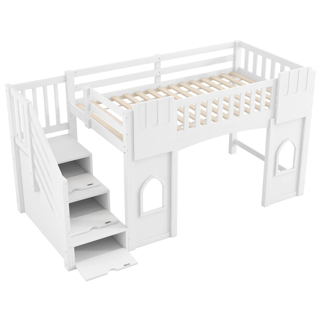 Letto a soppalco 90x200 cm bianco con scala contenitore e due finestre