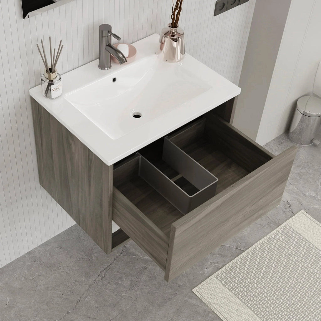 Mobile Bagno Sospeso 60 cm Lavabo e Specchio Milano Rovere
