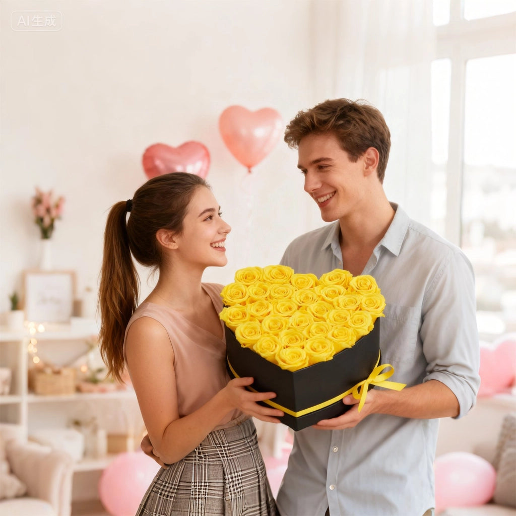 Bouquet di Fiori Eterni con 27 Rose Stabilizzate Heart-27S Scatola a Cuore Giallo per Decorazione Casa