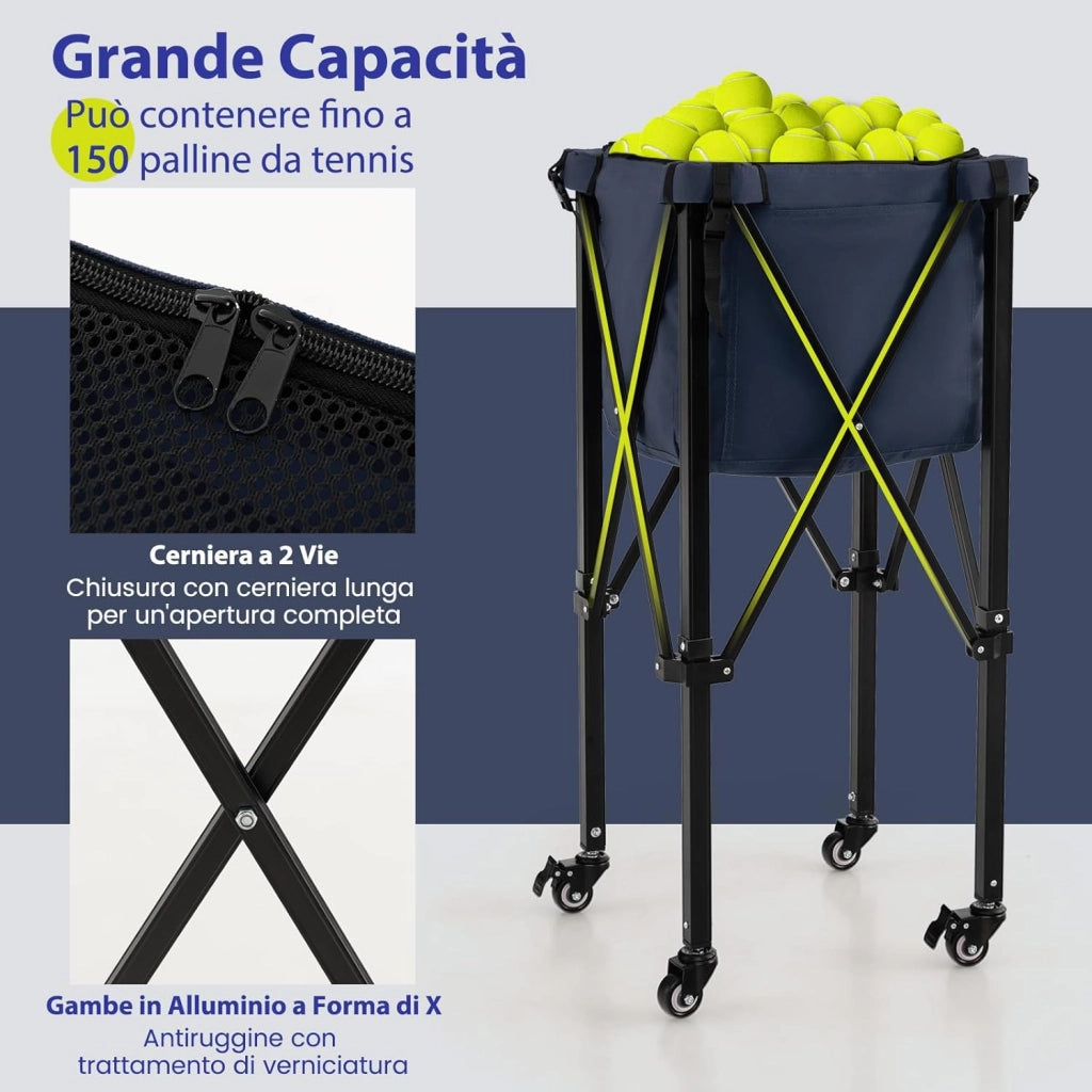 Carrello Porta Palline da Tennis, Carrello da Tennis Pieghevole in Alluminio con Ruote Frenate, Borsa Rimovibile Tasche Laterali, Borsa per Il Trasporto, Max 150 Palline Tennis