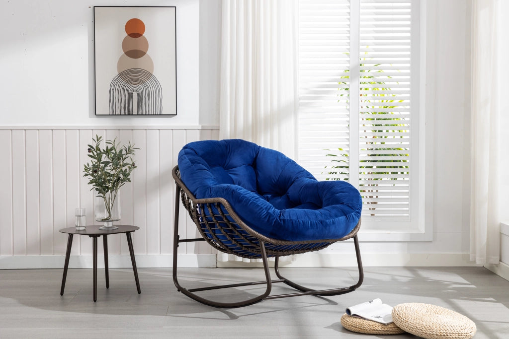 Sedia a dondolo da esterno in rattan, sedia reclinabile imbottita con cuscino per esterni, ideale per veranda, soggiorno, patio e giardino, blu navy.