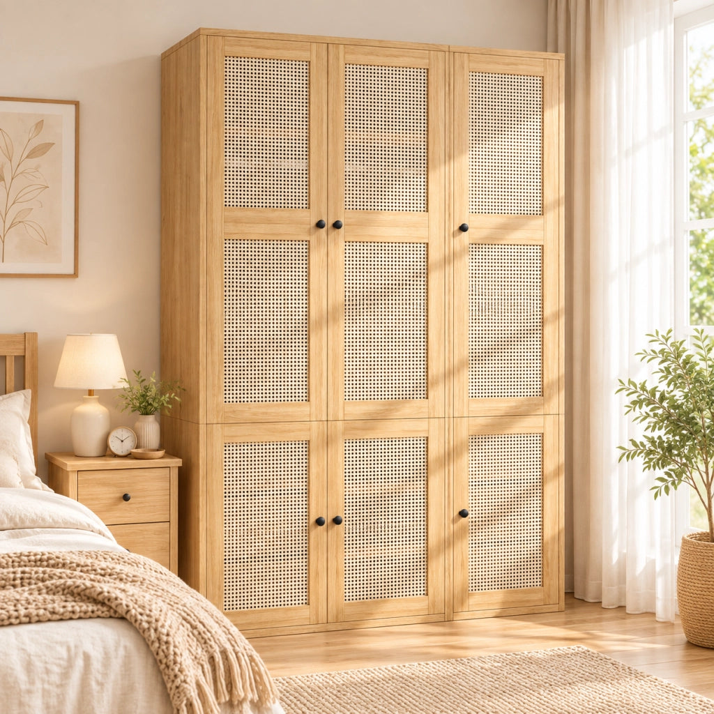 Armadio 135 x 47 x 200 cm; ante a battente con intreccio in rattan; 2 aste appendiabiti; 6 cassetti; 4 scomparti contenitore