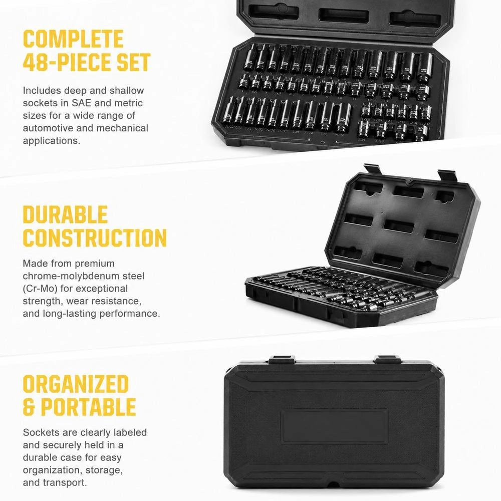 1/4 Inch Impact Socket Set, 48-piece Deep And Shallow Socket Set, SAE 3/16-9/16 Inch & Metric 4-15 Mm, 6-point Cr-Mo Alloy Steel For Car Repairs With Tool Case