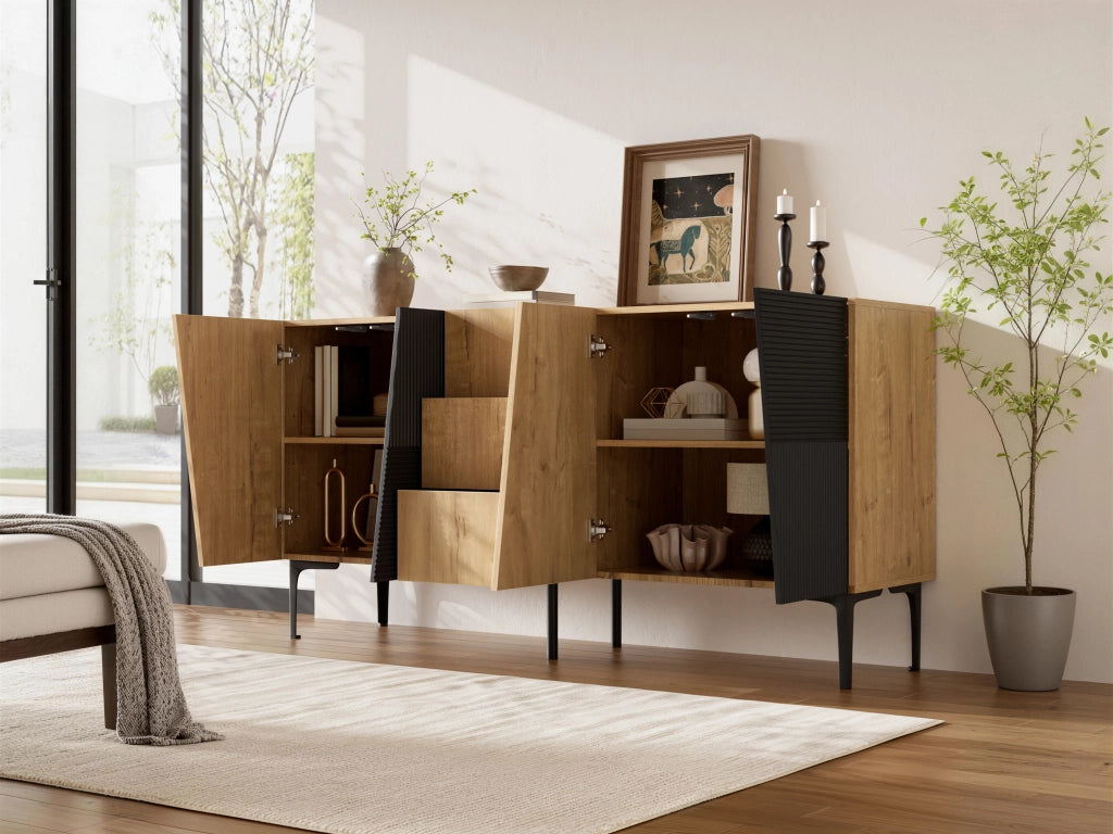 Credenza con 4 ante, 3 cassetti e ripiani regolabili per soggiorno, in truciolare nero e naturale, 160 × 40 × 80 cm