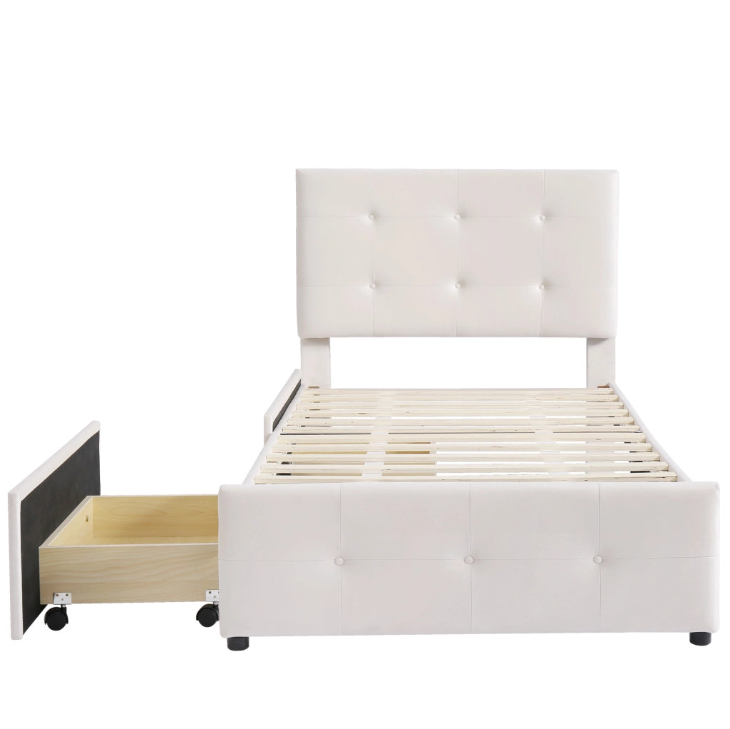 Letto imbottito 90x200 cm con rete a doghe e cassetto in velluto beige