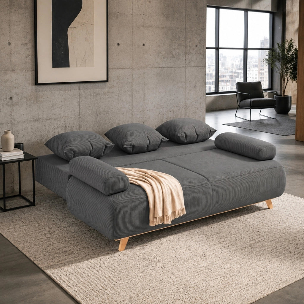 Divano letto 3 posti con contenitore in legno grigio