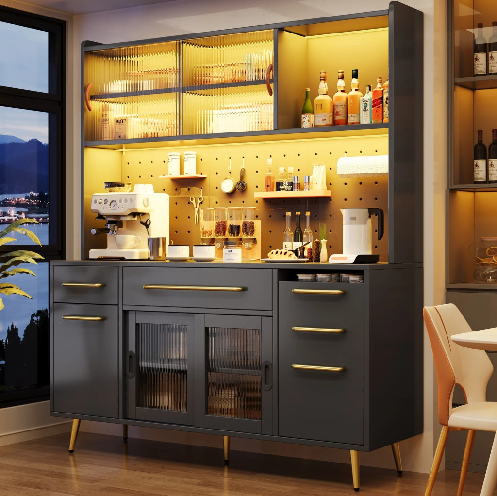 Credenza alta 145x39x171 cm in MDF, vetro e metallo nero con LED