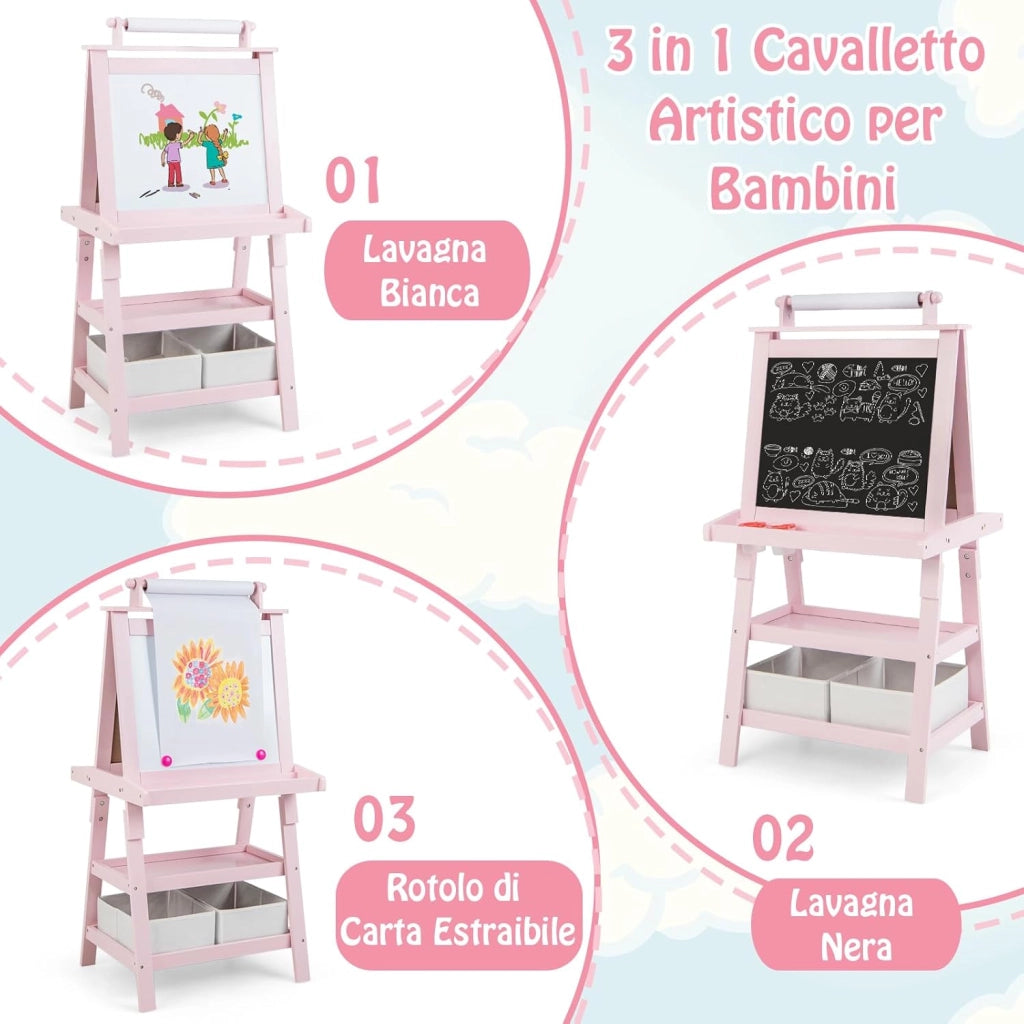 3 in 1 Cavalletto per Bambini con Doppia Faccia, Cavalletto per Disegno con 2 Vassoi e 2 Scatole, Lavagna Bambini in Legno (Rosa)