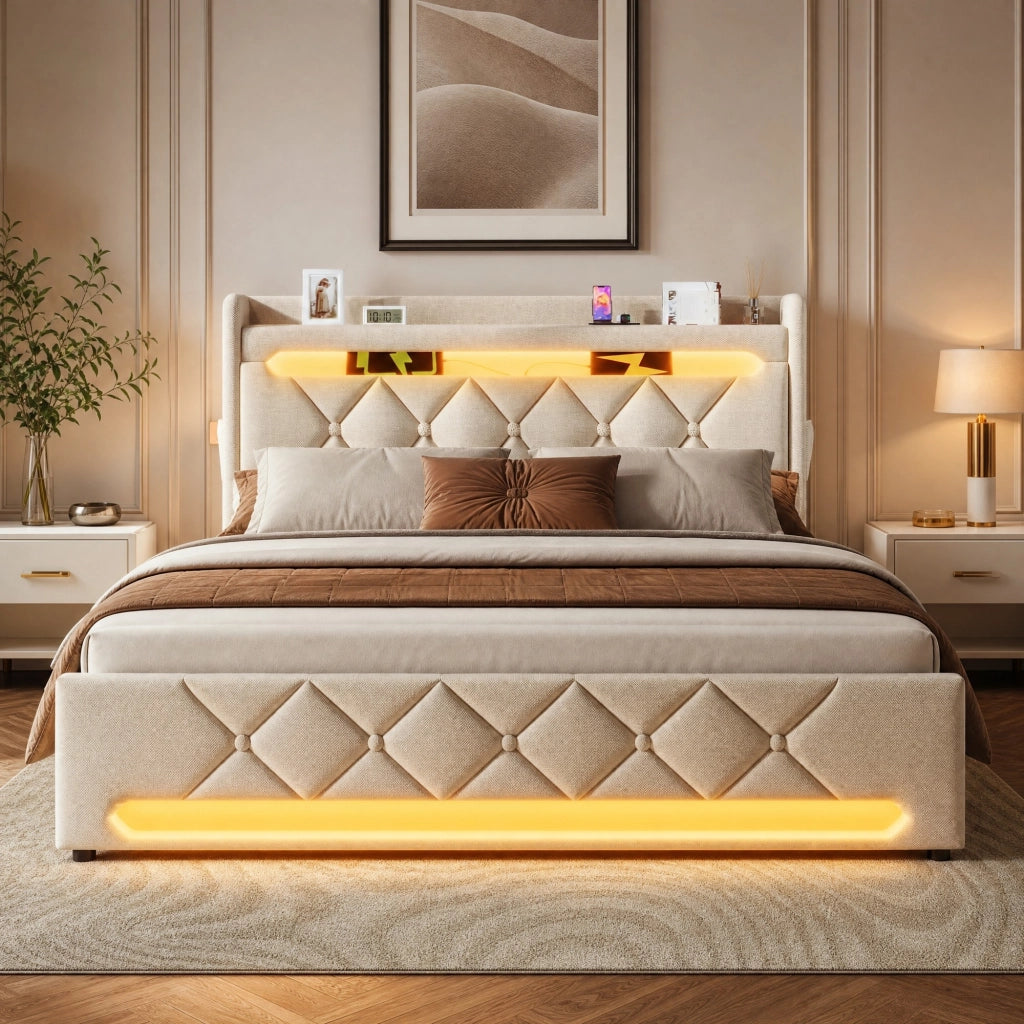 Letto contenitore 180 × 200 cm con LED; USB e Type-C; lino beige