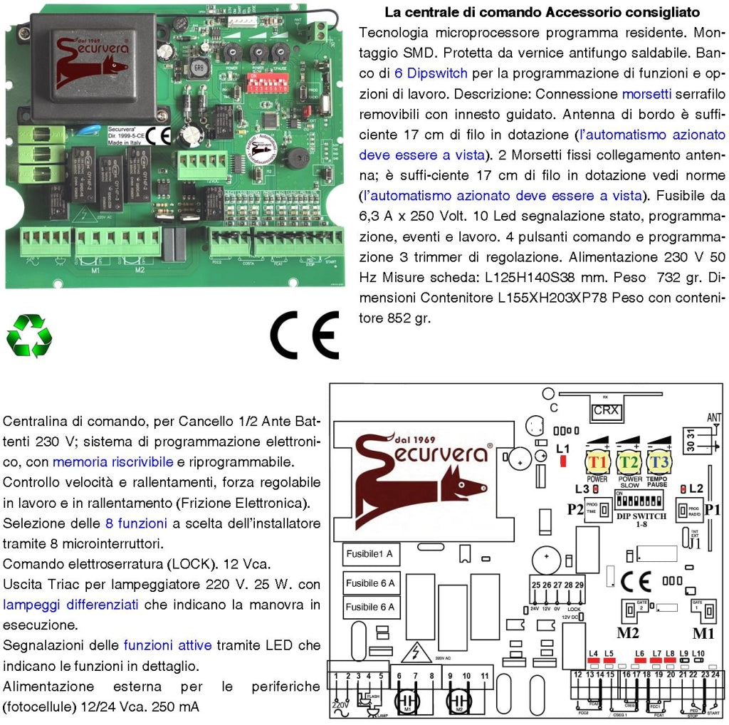 ApriCancello da 5 Metri 2 Ante da 2,5 MT Kit Base Automatismo 2 Motori Elettromeccanici 230 V Spinta 2 Q.li Staffe Sblocco Centrale Con Ricevente Radiocomando Faro Coppia Fotocellule Cartello Monitore