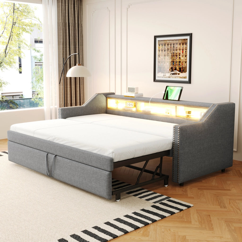 Divano letto imbottito estraibile 90 × 190 cm con rete a doghe LED USB grigio chiaro