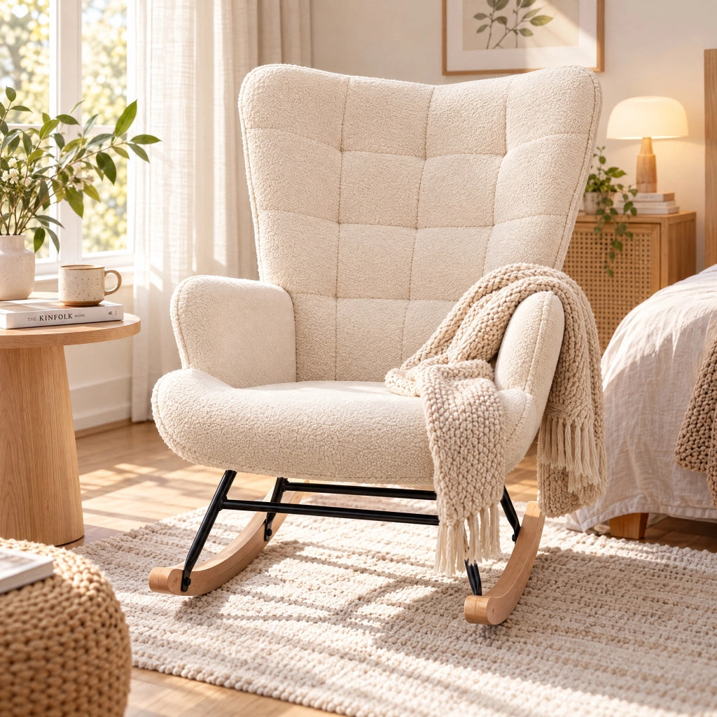 Sedia a Dondolo Poltrona Imbottita Relax con Braccioli Schienale Alto;Beige;Pile effetto orsetto