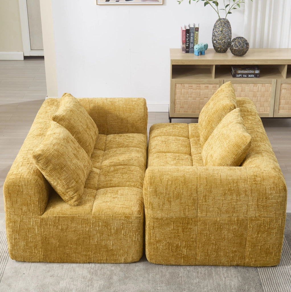 Divano chaise longue 158x90x60 cm con tasche laterali e cuscino in chenille giallo