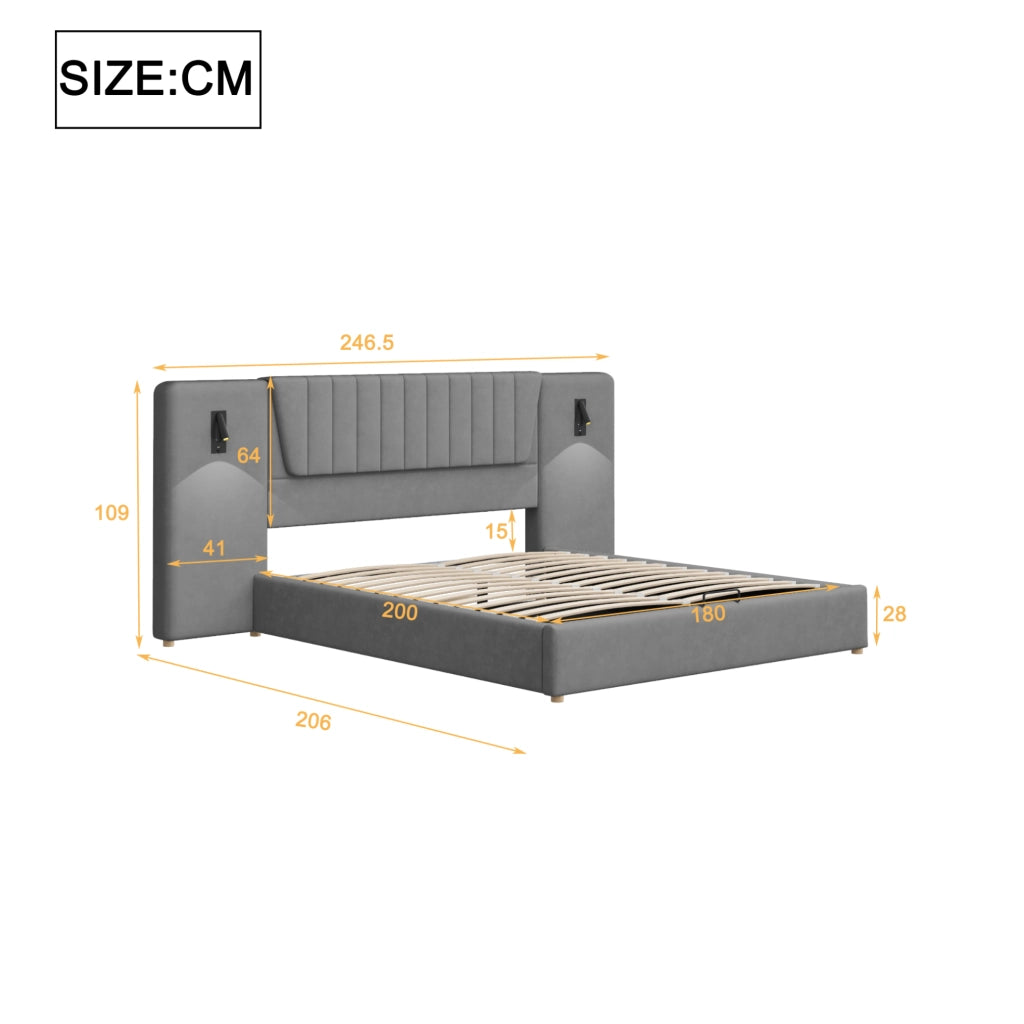 Letto matrimoniale imbottito 180x200 cm con schienale extra lungo, lampada da lettura orientabile e porta USB, spazio contenitore idraulico, tessuto in velluto grigio