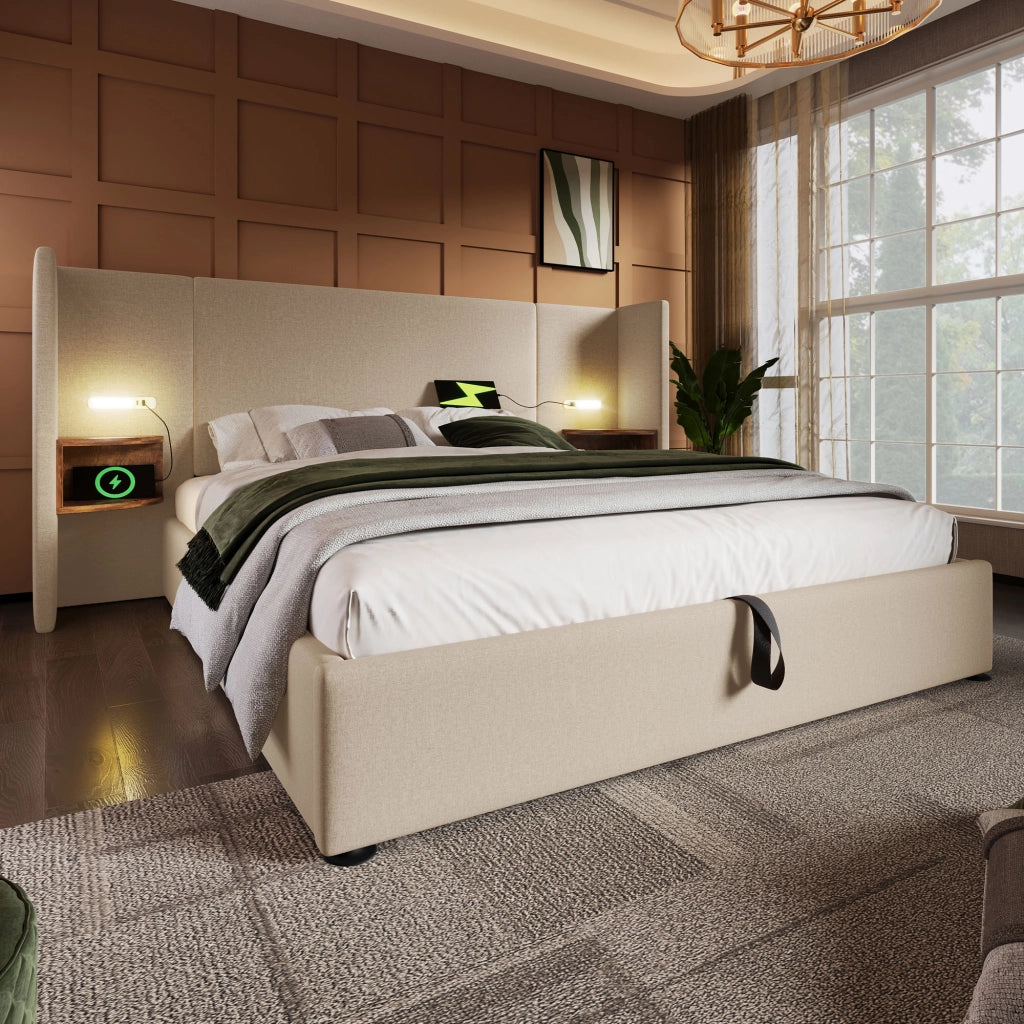 Letto contenitore matrimoniale 160x200 beige con materasso