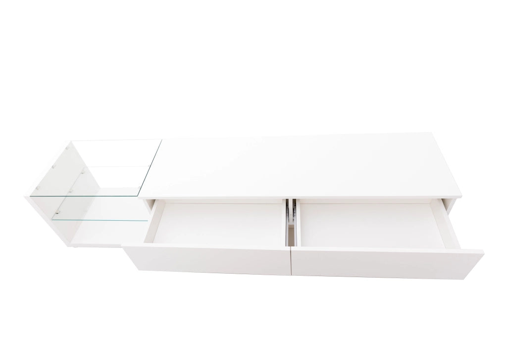 Mobile TV 170x36x38 cm Bianco Lucido con LED Multicolore, 2 Cassetti e 2 Ripiani in Vetro