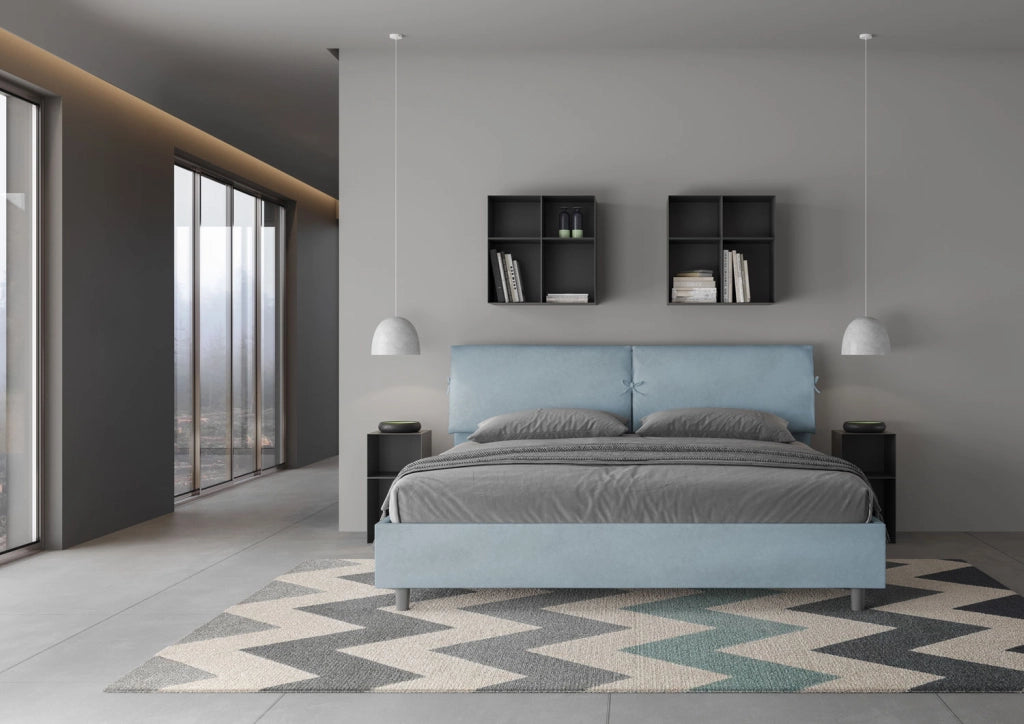 BS COM Letto matrimoniale king size contenitore imbottito 180x210 microfibra azzurro