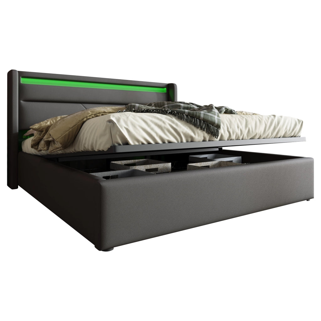 Letto contenitore imbottito grigio 140x200 cm con LED