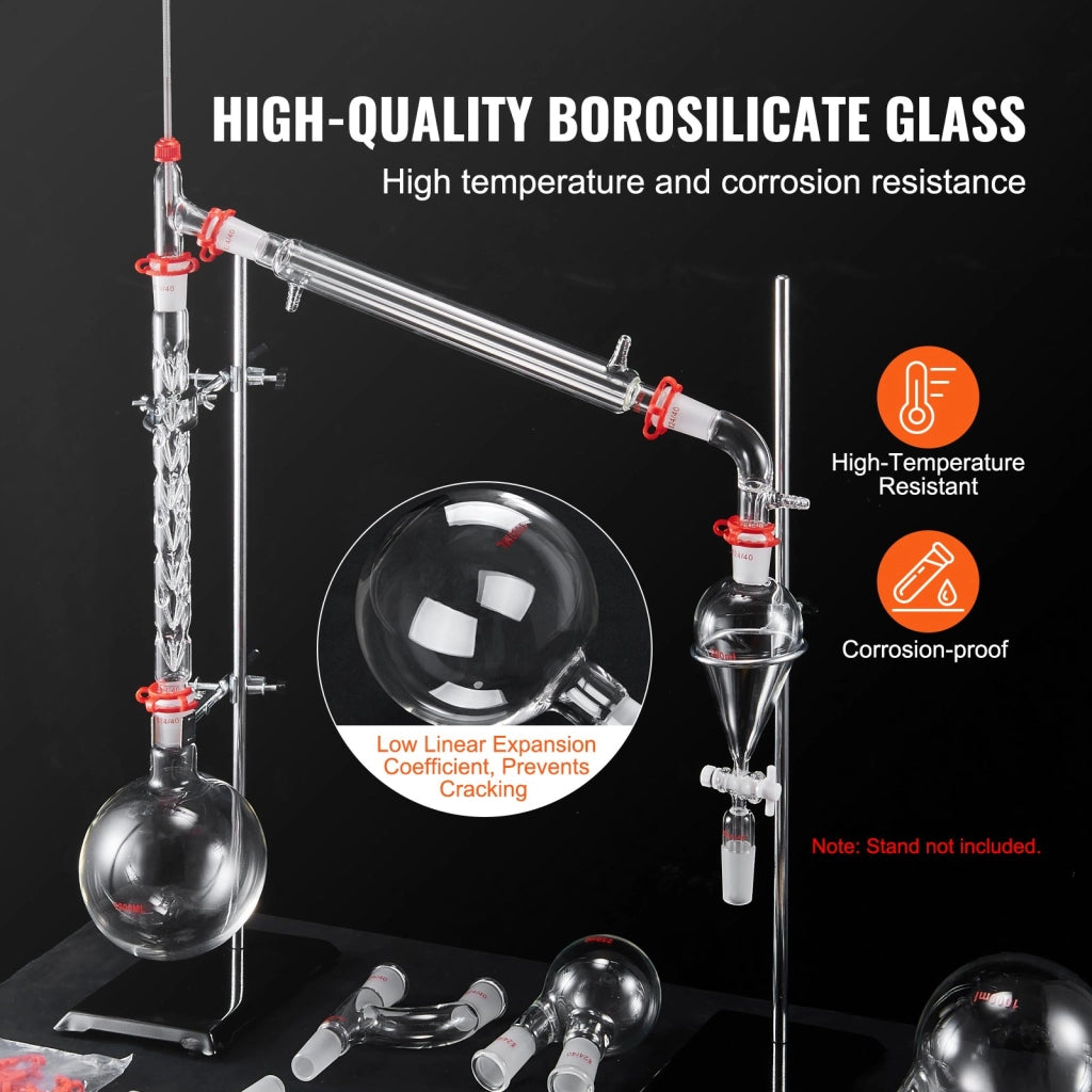 Kit di distillazione da laboratorio 29 pezzi in vetro borosilicato 3.3 giunti 24/40 boccetta 1000 ml YHEO-8 per oli essenziali