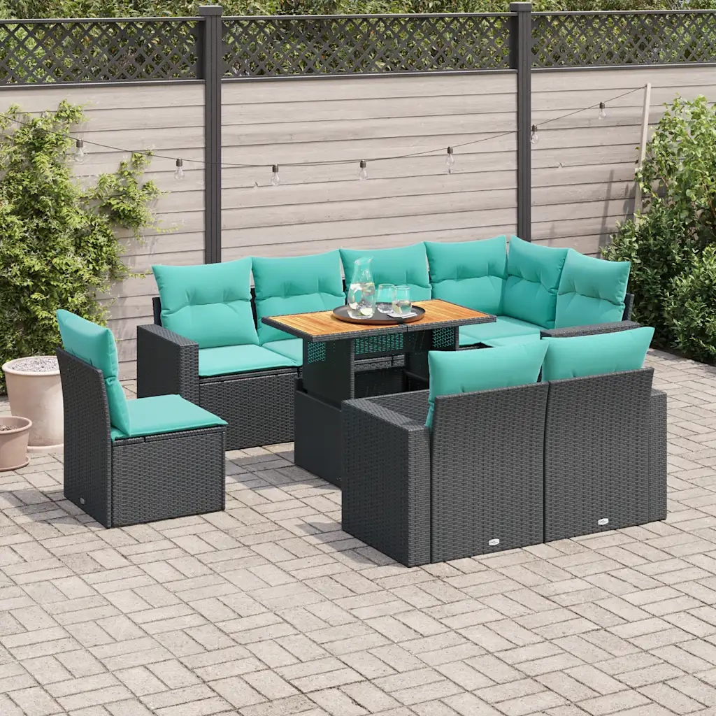 Set Divani da Giardino 9 pz con Cuscini Nero in Polyrattan 3327053