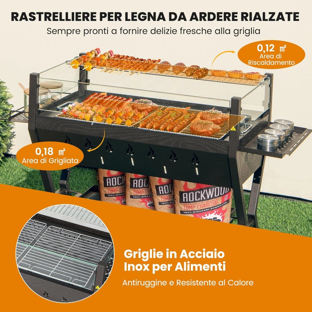 Barbecue a Carbonella, Griglia a Carbone Portatile con Protezione Antivento, Ripiani per Condimenti, Mensola Portaoggetti, per Cucinare, Campeggio e picnic