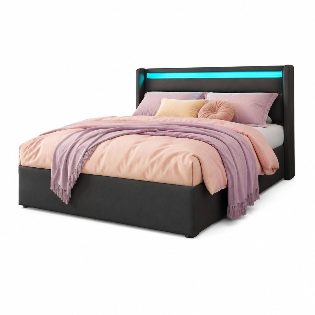 Letto contenitore imbottito 140x200 cm grigio in PU con LED e telecomando
