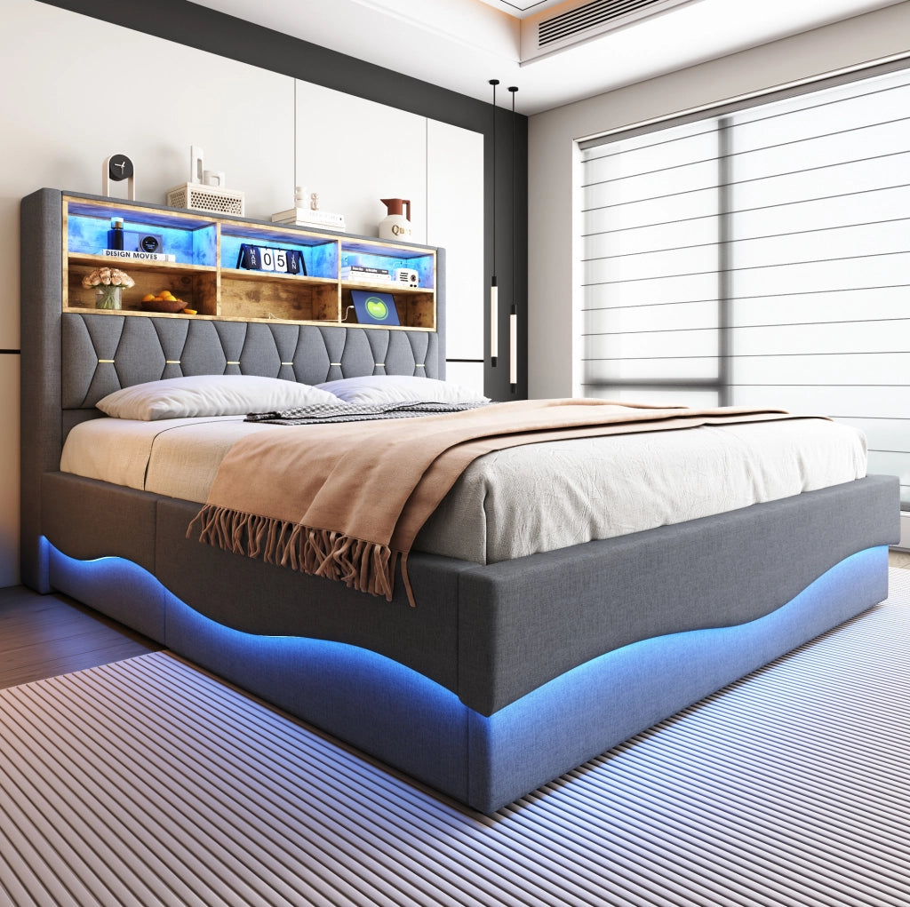 Letto matrimoniale 180x200 cm con contenitore idraulico; LED e porta USB; grigio