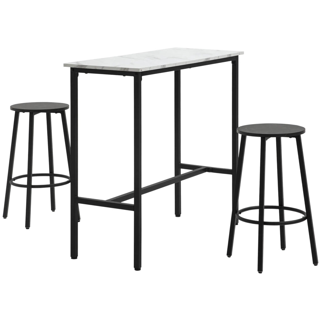 Set Tavolo Alto con 2 Sgabelli da Bar, 3 Pezzi, Acciaio, Bianco e Nero