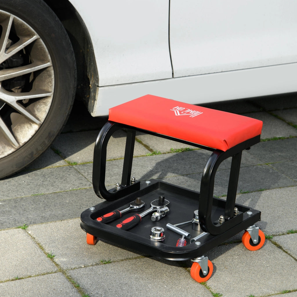 Sgabello da Officina con Ruote ¨C Xylo ¨C Vassoio Portautensili Struttura Acciaio Carico 100kg Rosso