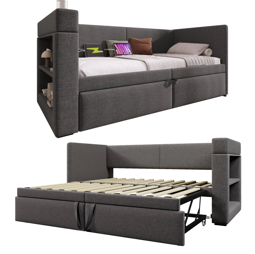 Daybed imbottito 90x200 cm con letto estraibile, USB, Type-C e portabicchieri