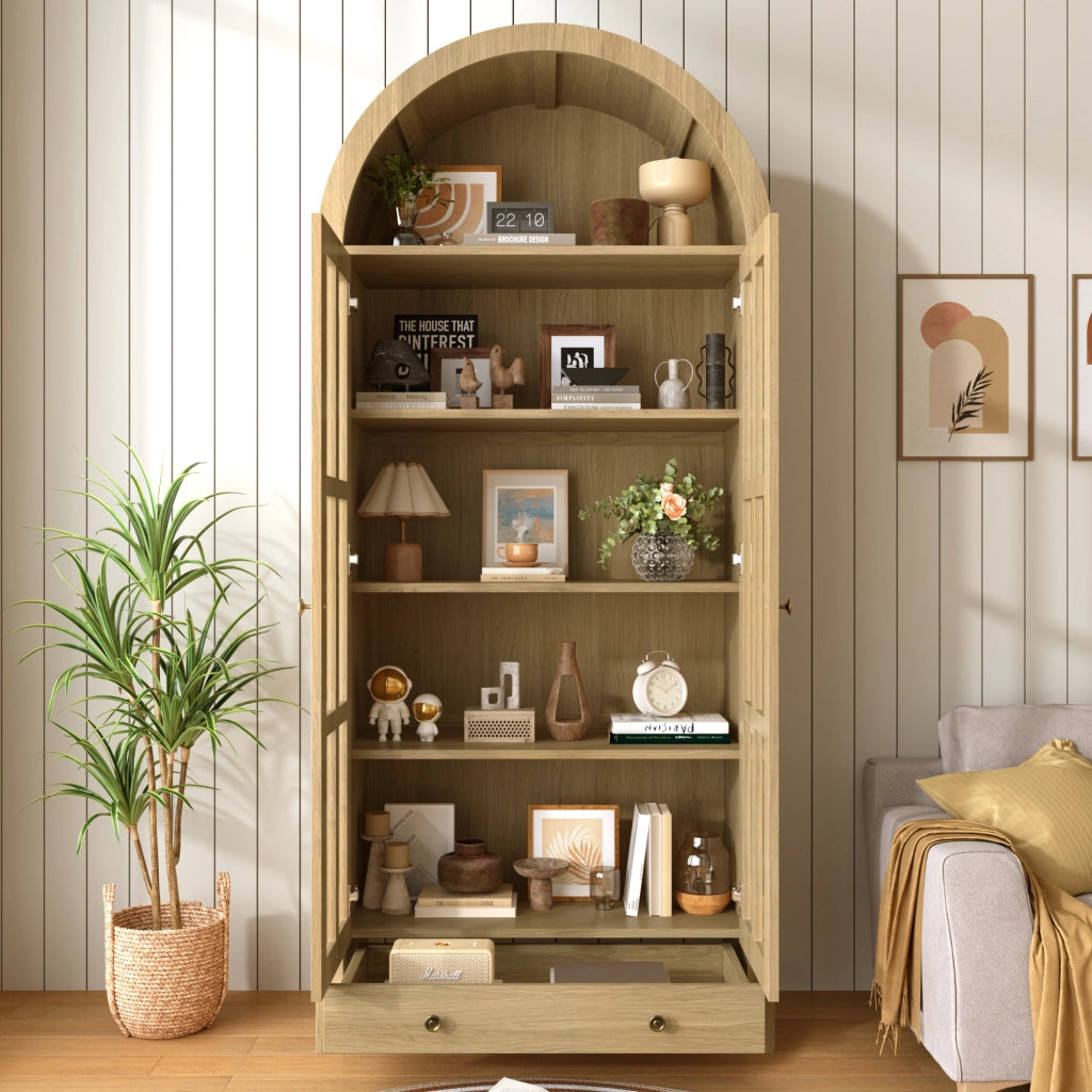 Vetrina ad arco con ante in acrilico trasparente e cassetto in MDF naturale per soggiorno 75 × 35 × 170.5 cm