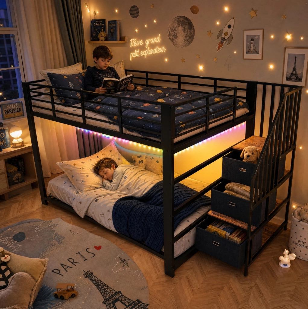 Letto a castello ULEVR 140x200 cm in metallo e MDF, scala reversibile con cassetti, LED, prese e USB, nero