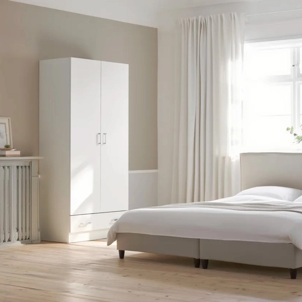 Armadio Design Moderno Con 2 Ante E 1 Cassetto Multiuso Salvaspazio Con Ripiani Interni E Vano Contenitore Per Camera Da Letto O Ingresso 79.4 X 35.7 X 170.4 Cm Bianco