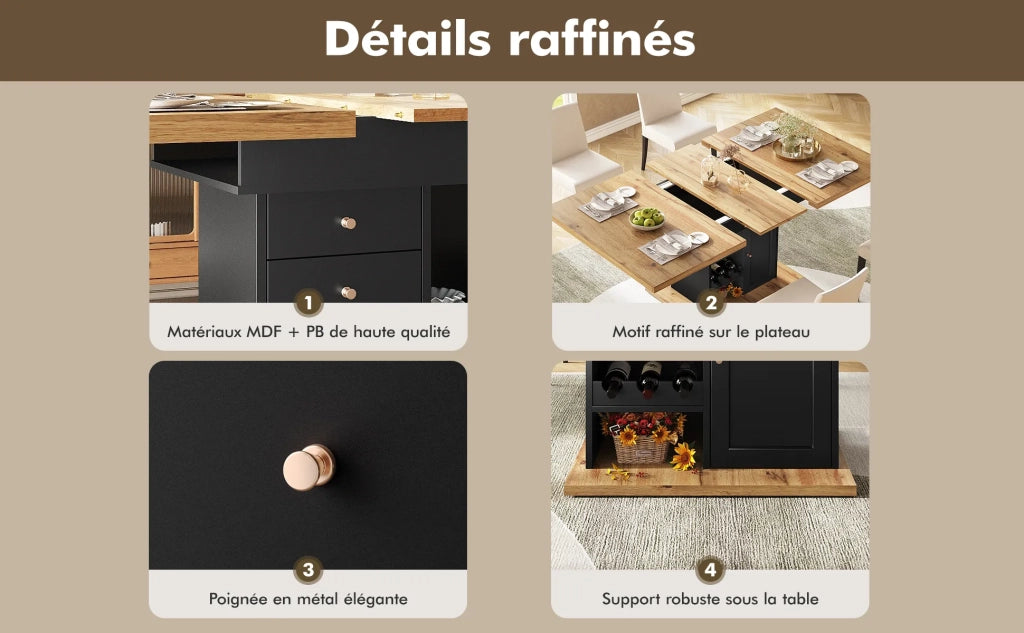 Tavolo da pranzo telescopico allungabile 110-140x80 cm, pieghevole per 4-6 persone, salvaspazio per cucina e soggiorno, con ripiano snack e portabottiglie