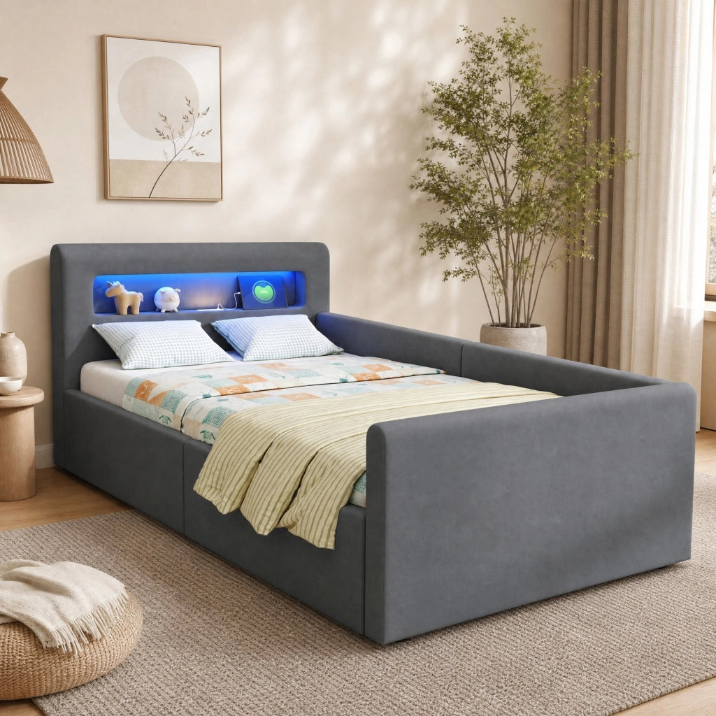 Letto imbottito per bambini 90x200 cm con LED; USB; contenitore e schienale reversibile; grigio
