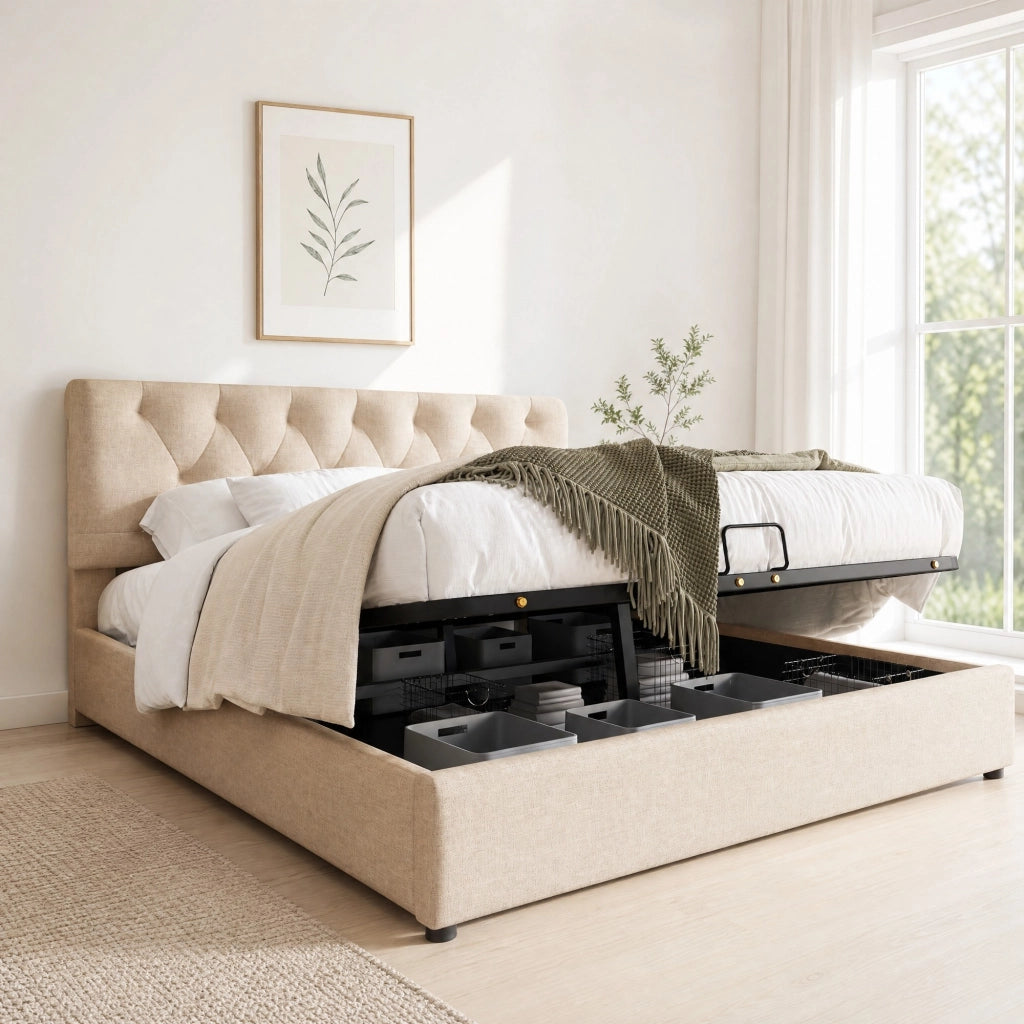 Letto matrimoniale idraulico 160x200 cm con testiera regolabile, struttura in metallo e legno, contenitore integrato, colore naturale, con materasso a molle