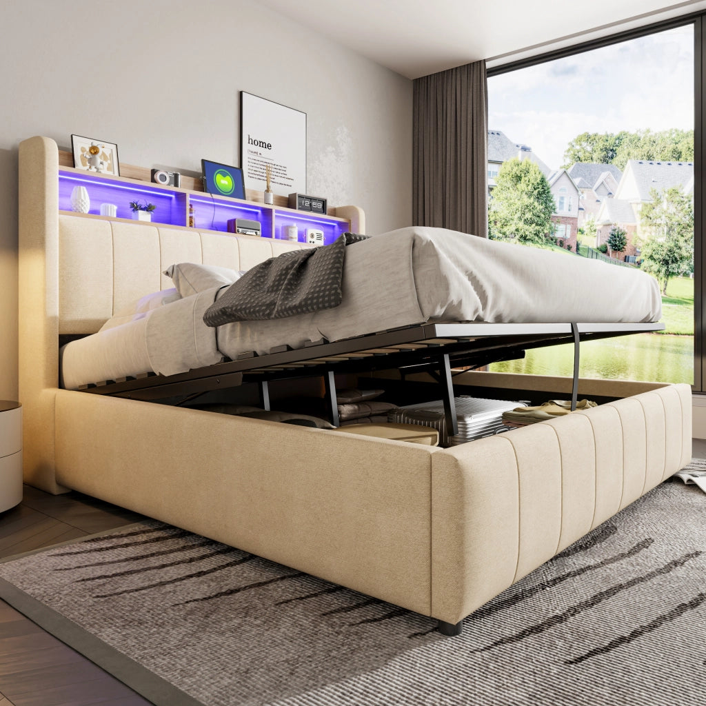 Letto matrimoniale imbottito 160 × 200 cm con contenitore LED USB e testiera in tessuto di lino beige