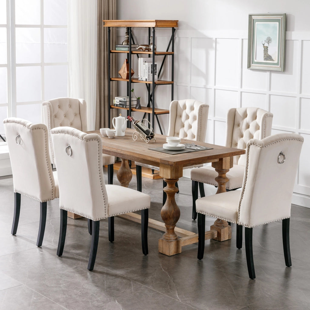 Sedie da Pranzo in Velluto con Gambe in Legno ¨C MINIMAL ¨C Set 6 Pezzi, Beige